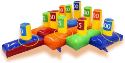 Le lancer de cerceaux, plots gonflables de couleur avec des scores