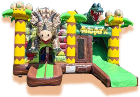 Le château gonflable Dinopark, vert et marron, avec des dinosaures